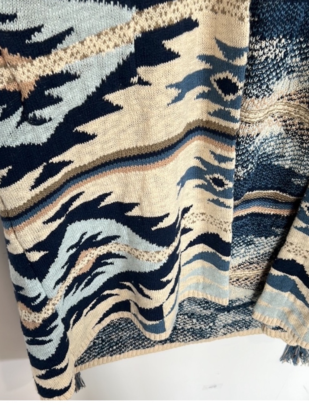 Faherty Cream and Blue Southwestern Knit Belted Cardigan - Picture 7 of 8